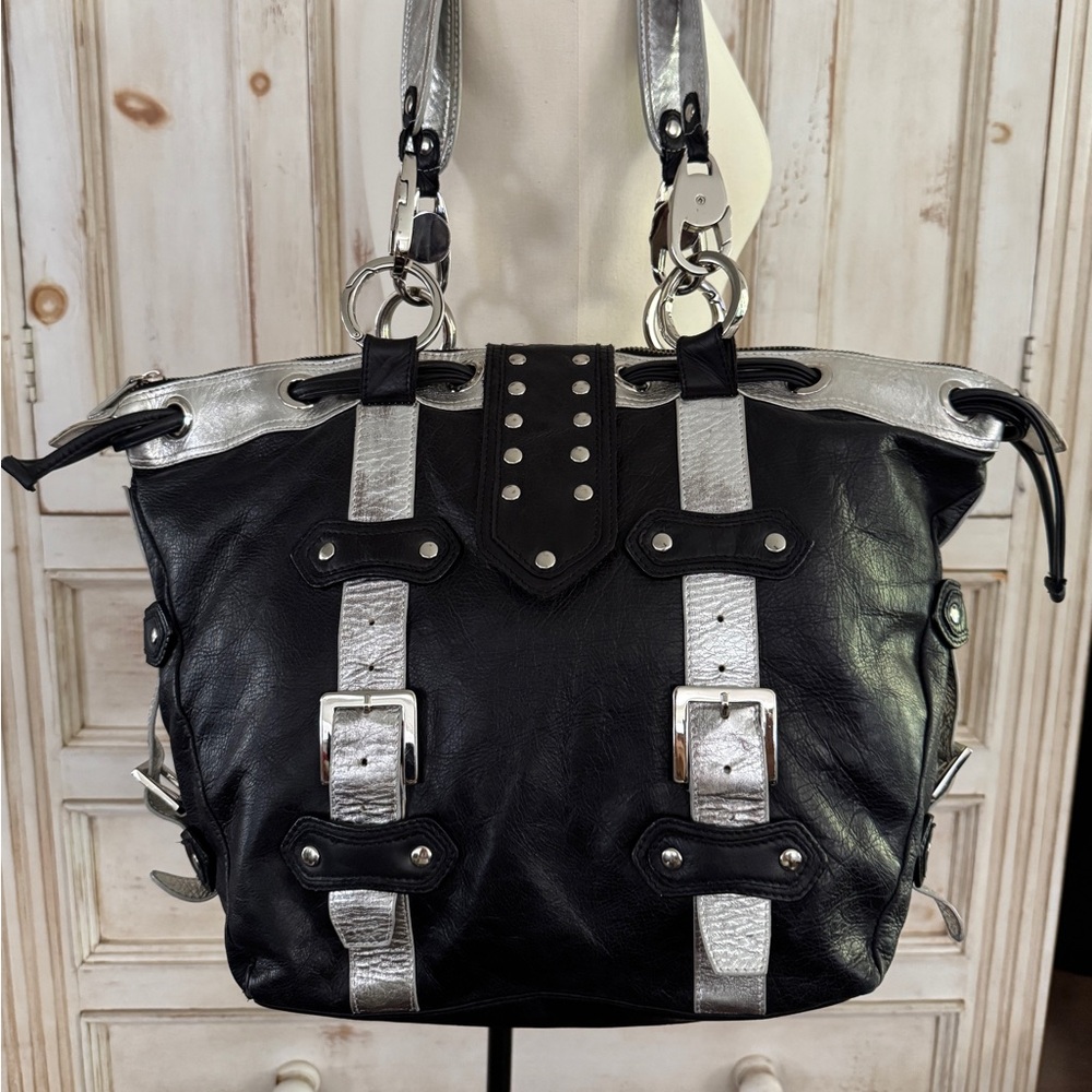Sabina Black and Silver Leather Shoulder Bag.